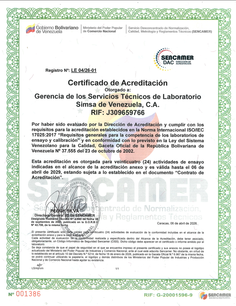 Certificado de acreditación ISO/IEC 17025:2017 SENCAMER